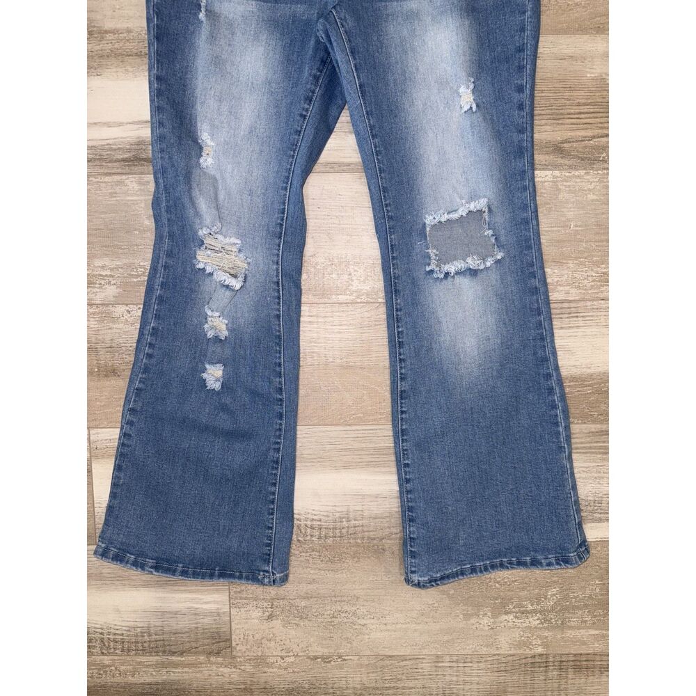 Women's Plus Size 0XL Distressed Flare Jeans Blue Stretch High Rise Denim - Picture 4 of 12